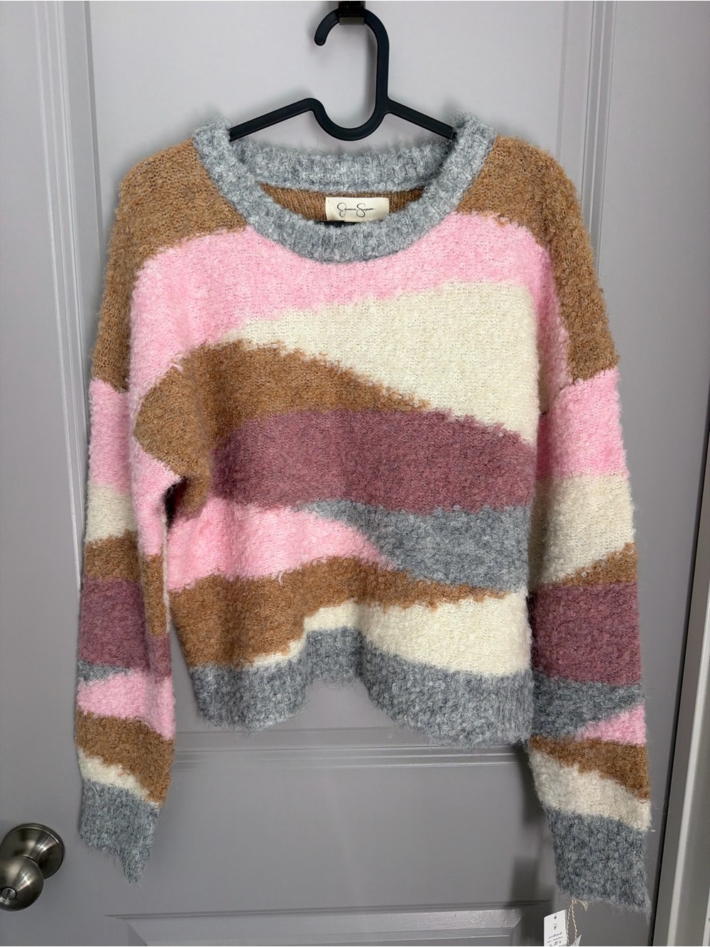 Jessica Simpson Multi-Color Fuzzy Crewneck Sweater - Pink, Cream, Gray, Brown M